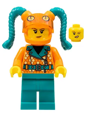 CTY1456:  Stuntz Driver - Female, Orange Coat with Scales, Dark Turquoise Legs, Orange Helmet with Tassels, Snake Visor