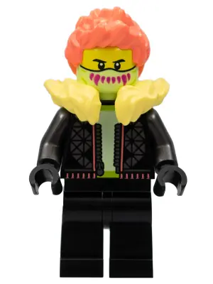 CTY1457:  Stuntz Driver - Male, Black Jacket and Legs, Bright Light Yellow Fur Collar, Coral Spiked Hair, Yellowish Green Mask