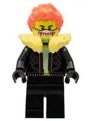 Minifigurka: CTY1457:  Stuntz Driver - Male, Black Jacket and Legs, Bright Light Yellow Fur Collar, Coral Spiked Hair, Yellowish Green Mask