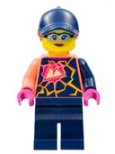 Minifigurka: CTY1458:  Stuntz Crew - Female, Coral Shirt with Sports Logo, Dark Blue Legs, Dark Blue Cap with Dark Orange Ponytail, Glasses