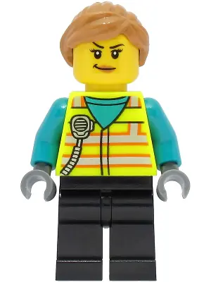 CTY1464:  Train Driver - Female, Neon Yellow Safety Vest with Radio, Black Legs, Medium Nougat Ponytail Hair