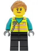 Minifigurka: CTY1464:  Train Driver - Female, Neon Yellow Safety Vest with Radio, Black Legs, Medium Nougat Ponytail Hair