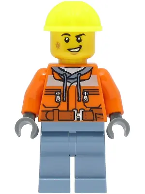 CTY1465:  Train Worker - Male, Orange Safety Jacket, Sand Blue Legs, Neon Yellow Construction Helmet