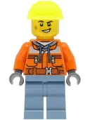 Minifigurka: CTY1465:  Train Worker - Male, Orange Safety Jacket, Sand Blue Legs, Neon Yellow Construction Helmet
