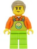 Minifigurka: CTY1466:  Train Worker - Male, Orange Shirt, Lime Overalls, Dark Tan Hair