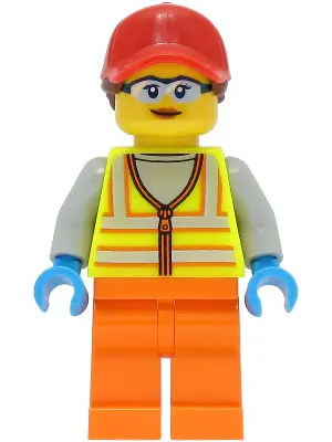 CTY1467:  Reach Stacker Driver - Female, Neon Yellow Safety Vest with Reflective Stripes, Orange Legs, Red Ball Cap with Reddish Brown Ponytail
