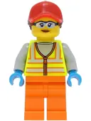 Minifigurka: CTY1467:  Reach Stacker Driver - Female, Neon Yellow Safety Vest with Reflective Stripes, Orange Legs, Red Ball Cap with Reddish Brown Ponytail