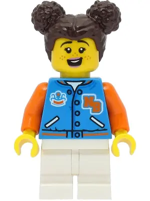 CTY1469:  Passenger - Female, Dark Azure Sports Jacket, White Medium Legs, Dark Brown Hair with Buns, Freckles