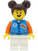Minifigurka: CTY1469:  Passenger - Female, Dark Azure Sports Jacket, White Medium Legs, Dark Brown Hair with Buns, Freckles