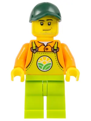 CTY1478:  Farmer - Male, Lime Overalls over Orange Shirt, Lime Legs, Dark Green Cap