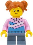 Minifigurka: CTY1481:  Child - Girl, Bright Pink Hoodie with Medium Blue and White Diagonal Stripes, Sand Blue Short Legs, Dark Orange Hair with Pigtails, Freckles