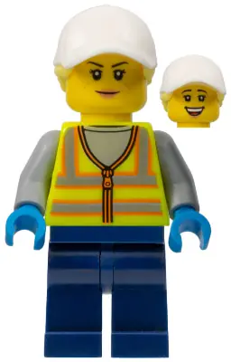 CTY1483:  Forklift Driver - Female, Neon Yellow Safety Vest with Reflective Stripes, Dark Blue Legs, White Cap with Bright Light Yellow Ponytail Hair