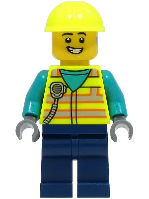 CTY1490:  Utility Truck Driver - Male, Neon Yellow Safety Vest with Radio, Dark Blue Legs, Neon Yellow Construction Helmet, Hearing Aid