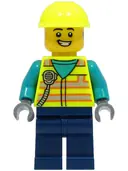 Minifigurka: CTY1490:  Utility Truck Driver - Male, Neon Yellow Safety Vest with Radio, Dark Blue Legs, Neon Yellow Construction Helmet, Hearing Aid