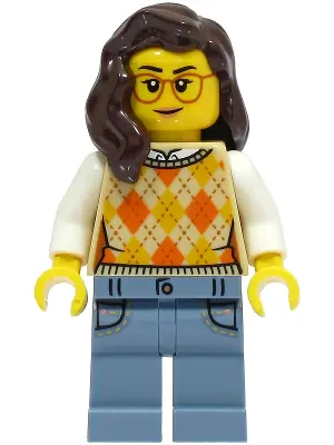 CTY1492:  Passenger - Female, Tan Knit Argyle Sweater Vest, Sand Blue Legs with Pockets, Dark Brown Hair, Glasses