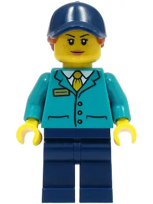 CTY1495:  Train Platform Guard - Female, Dark Turquoise Shirt, Dark Blue Legs and Cap, Dark Orange Hair