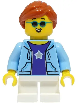 CTY1497:  Child - Girl, Bright Light Blue Hoodie over Dark Purple Shirt, White Short Legs, Dark Orange Ponytail, Sunglasses