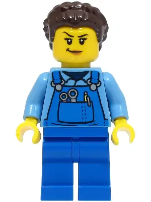 CTY1500:  Stuntz Crew - Female, Blue Overalls over Medium Blue Shirt, Blue Legs, Dark Brown Hair, Back Print
