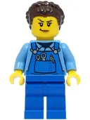 Minifigurka: CTY1500:  Stuntz Crew - Female, Blue Overalls over Medium Blue Shirt, Blue Legs, Dark Brown Hair, Back Print