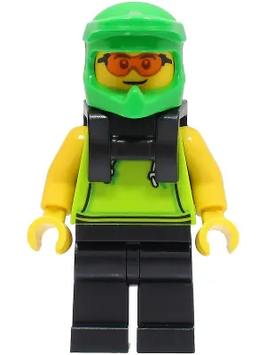 CTY1508:  Food Delivery Cyclist - Male, Lime Hoodie, Black Legs, Bright Green Helmet, Neck Bracket, Safety Glasses