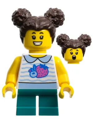 CTY1520:  Child - Girl, White Collared Shirt with Fruit, Dark Turquoise Short Legs, Dark Brown Hair with Buns