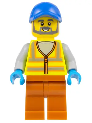 CTY1521:  Recycling Worker - Male, Neon Yellow Safety Vest with Reflective Stripes, Dark Orange Legs, Blue Cap