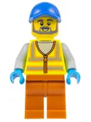 Minifigurka: CTY1521:  Recycling Worker - Male, Neon Yellow Safety Vest with Reflective Stripes, Dark Orange Legs, Blue Cap