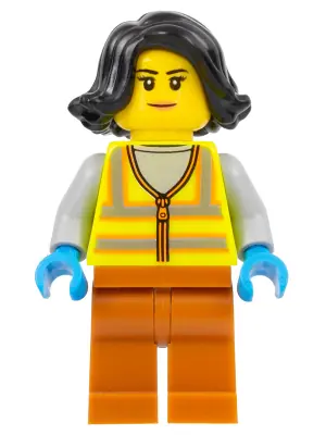 CTY1522:  Recycling Worker - Female, Neon Yellow Safety Vest with Reflective Stripes, Dark Orange Legs, Black Hair
