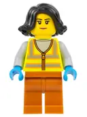 Minifigurka: CTY1522:  Recycling Worker - Female, Neon Yellow Safety Vest with Reflective Stripes, Dark Orange Legs, Black Hair