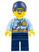 Minifigurka: CTY1525:  Police - City Officer Female, Bright Light Blue Shirt with Badge and Radio, Dark Blue Legs, Dark Blue Cap with Dark Orange Ponytail, Safety Glasses