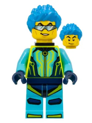 CTY1527:  Stuntz Driver - Male, Medium Azure and Neon Yellow Jumpsuit, Dark Azure Spiked Hair, Black Neck Bracket