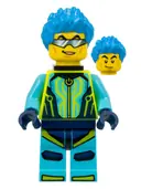 Minifigurka: CTY1527:  Stuntz Driver - Male, Medium Azure and Neon Yellow Jumpsuit, Dark Azure Spiked Hair, Black Neck Bracket