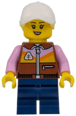 CTY1529:  Dirt Bike Rider - Female, Reddish Brown Jacket, Dark Blue Medium Legs, White Cap with Bright Light Yellow Ponytail Hair