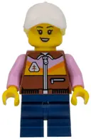 Minifigurka: CTY1529:  Dirt Bike Rider - Female, Reddish Brown Jacket, Dark Blue Medium Legs, White Cap with Bright Light Yellow Ponytail Hair