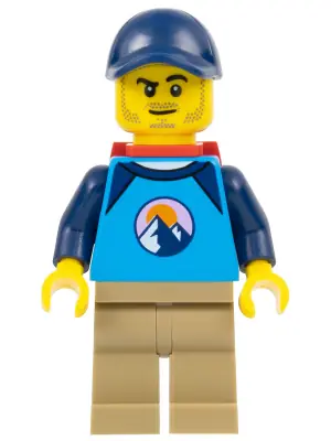 CTY1530:  Go-To Gary - Dirt Bike Rider, Male, Dark Azure and Dark Blue Shirt with Mountains, Dark Tan Legs, Dark Blue Cap, Red Backpack