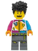 Minifigurka: CTY1531:  Stuntz Driver - Male, White Jumpsuit with Magenta and Dark Azure Arms, Dark Bluish Gray Legs, Black Tall Coiled Hair, Goatee