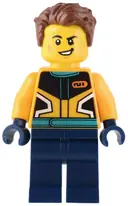Minifigurka: CTY1536:  Custom Car Garage Driver - Male, Bright Light Orange Racing Jacket, Dark Blue Legs, Reddish Brown Hair