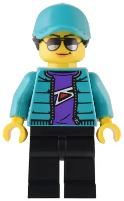 CTY1537:  Custom Car Garage Driver - Female, Dark Turquoise Jacket, Black Legs, Dark Turquoise Ball Cap with Black Ponytail, Sunglasses