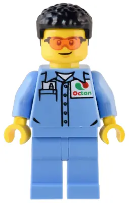 CTY1538:  Custom Car Garage Mechanic - Male, Medium Blue Shirt with Octan Logo, Medium Blue Legs, Short Black Hair, Safety Glasses
