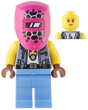 CTY1539:  Mechanic (Mech-Max) - Female, Sand Blue Vest, Medium Blue Legs, Black Helmet, Magenta Welding Visor