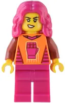 Minifigurka: CTY1540:  Gaming Tournament Participant - Female, Orange T-Shirt with Fist, Magenta Legs, Magenta Hair