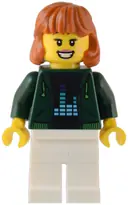Minifigurka: CTY1542:  Gaming Tournament Spectator - Female, Dark Green Hoodie, White Legs, Dark Orange Hair