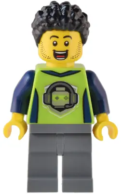 CTY1543:  Gaming Tournament Announcer - Male, Lime T-Shirt with Gaming Logo, Dark Bluish Gray Legs, Black Hair
