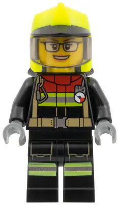 CTY1544:  Fire - Female, Black Jacket and Legs with Reflective Stripes and Red Collar, Neon Yellow Fire Helmet, Trans-Brown Visor, Glasses
