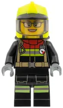 Minifigurka: CTY1544:  Fire - Female, Black Jacket and Legs with Reflective Stripes and Red Collar, Neon Yellow Fire Helmet, Trans-Brown Visor, Glasses