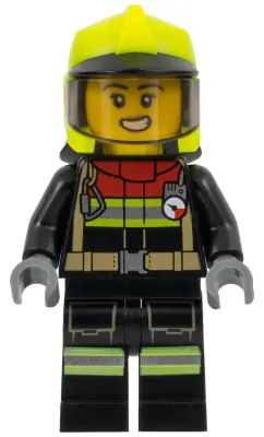 CTY1545:  Fire - Female, Black Jacket and Legs with Reflective Stripes and Red Collar, Neon Yellow Fire Helmet, Trans-Brown Visor