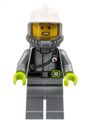 CTY1546:  Fire - Male, Flat Silver Suit, White Fire Helmet, Trans-Brown Visor, Breathing Neck Gear with Blue Air Tanks