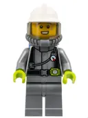 Minifigurka: CTY1546:  Fire - Male, Flat Silver Suit, White Fire Helmet, Trans-Brown Visor, Breathing Neck Gear with Blue Air Tanks