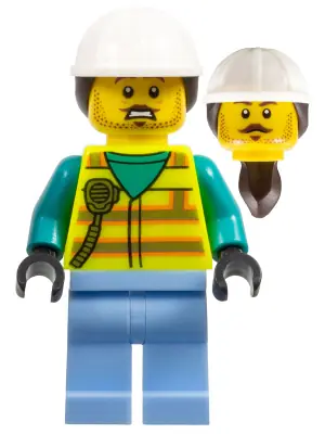 CTY1547:  Utility Worker - Male, Neon Yellow Safety Vest with Radio, Bright Light Blue Legs, White Construction Helmet with Dark Brown Ponytail Hair, Moustache, Stubble
