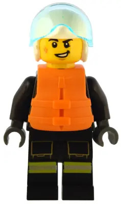 CTY1549:  Fire - Male, Black Jacket and Legs with Reflective Stripes and Red Collar, White Helmet, Trans-Light Blue Visor, Orange Life Jacket
